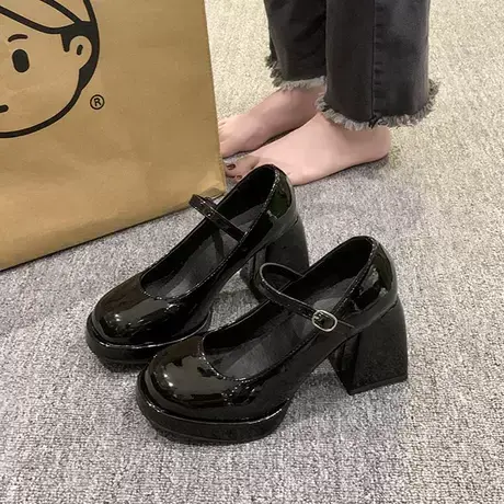 新款复古玛丽珍女鞋2023法式浅口皮鞋夏季漆皮粗跟气质高跟鞋黑色图片