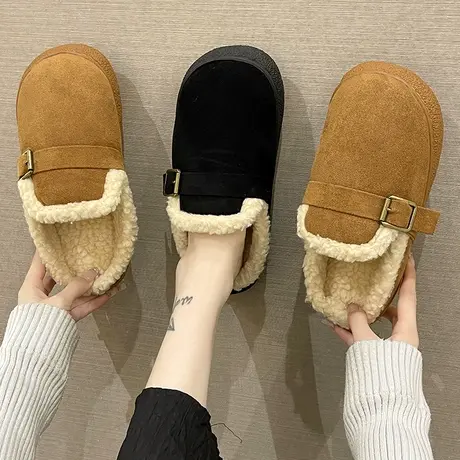 厚底棉拖鞋女冬季可外穿时尚皮带扣防滑室内居家加绒保暖包头拖鞋商品大图