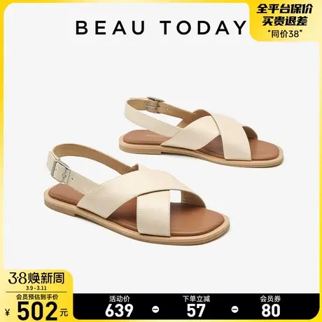 BeauToday罗马凉鞋女款夏季外穿白色凉鞋平底凉鞋法式一字带凉鞋商品大图