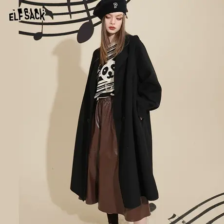 妖精的口袋中长款黑色毛呢大衣女2022秋冬季新款小个子高级感外套图片
