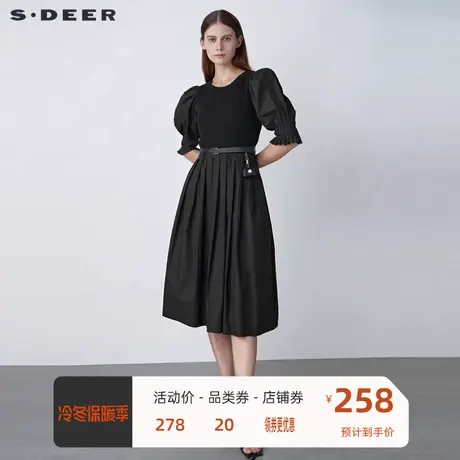 sdeer圣迪奥女装复古圆领泡泡袖收腰不规则连衣裙S22161210图片