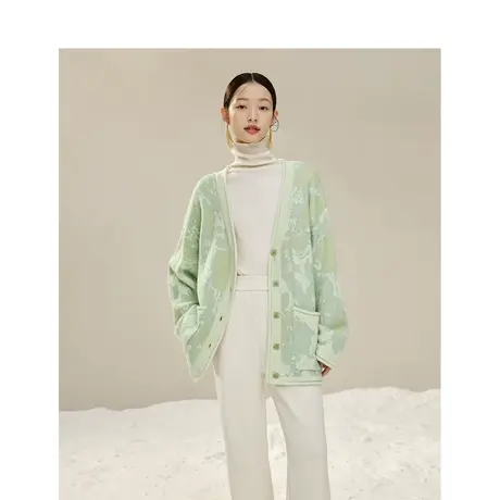 茵曼羊毛马海毛毛织外套2023冬季女装新款V领长袖水绿色针织衫商品大图