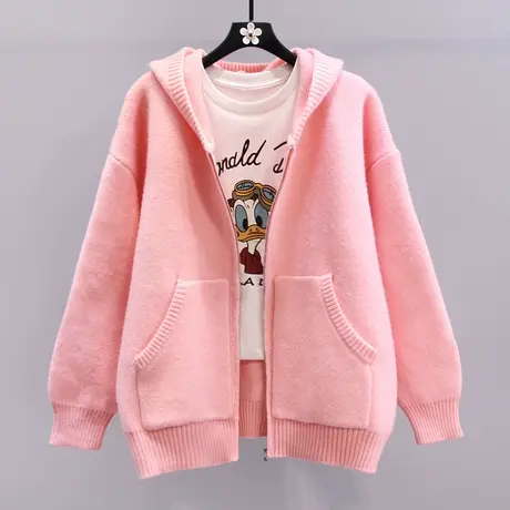 日系后背提花字母连帽毛衣外套女秋冬2023新款宽松慵懒风针织开衫商品大图
