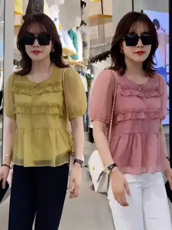 荷叶边设计感雪纺衫女2023夏季新款韩系洋气显瘦上衣休闲气质纯色商品大图