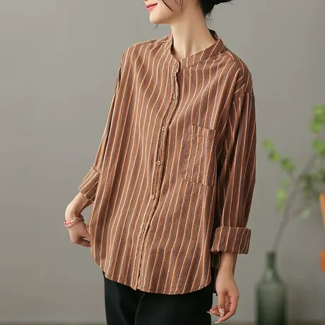 dza 复古条纹纯棉女士衬衫2023夏季薄款长袖衬衣宽松显瘦开衫上衣图片
