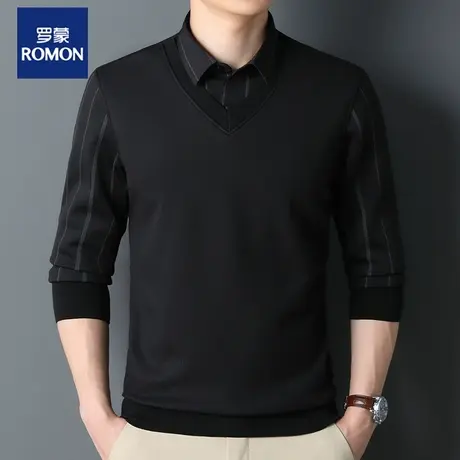 罗蒙假两件毛衣中年男士衬衫领2023春秋季新款休闲打底针织衫男装图片
