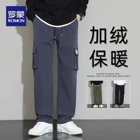 罗蒙工装裤冬季加绒加厚宽松弹力直筒抽绳休闲高街男士保暖长裤子图片