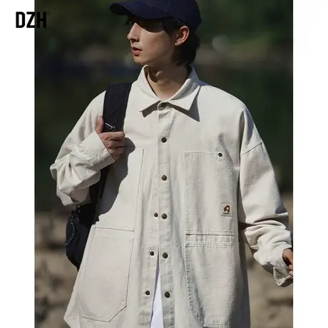 男士白色长袖衬衫男高级感秋季纯棉上衣2023新款宽松衬衣工装外套商品大图