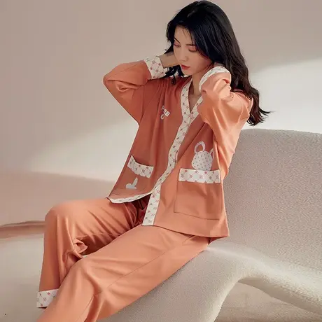 猫人睡衣女秋冬2023年新款纯棉长袖开衫V领可外穿春季家居服套装图片