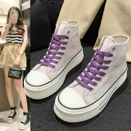 高帮鞋女款秋季帆布鞋女鞋2023新款百搭厚底运动休闲板鞋子小白鞋商品大图