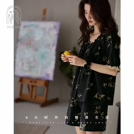 妮狄娅睡衣女夏季凉感柔软棉开衫短袖甜美短裤法式少女家居服套装商品大图