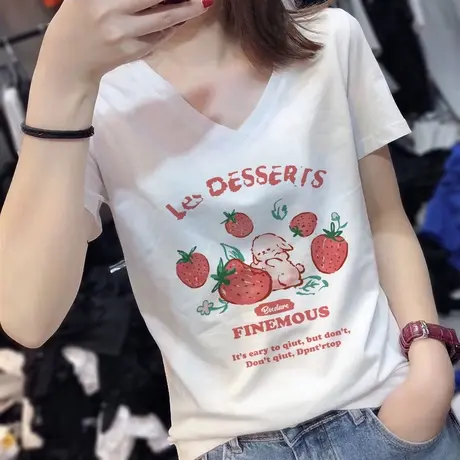 白色短袖t恤女2023新款夏季胖mm大码宽松显瘦ins潮牌正肩v领上衣商品大图