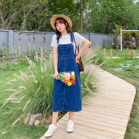2023夏季新款复古牛仔背带裙女大码胖mm连衣裙吊带宽松显瘦中长款商品大图