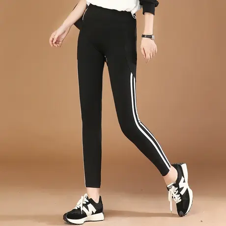 韩潮袭人侧条纹鲨鱼裤女2023秋季新款高腰瘦腿运动健身瑜伽打底裤商品大图