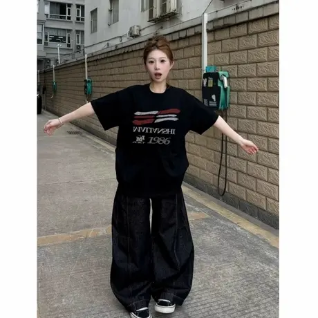 国潮美式纯棉落肩短袖t恤女2025新款设计感小众宽松潮牌高街体恤商品大图