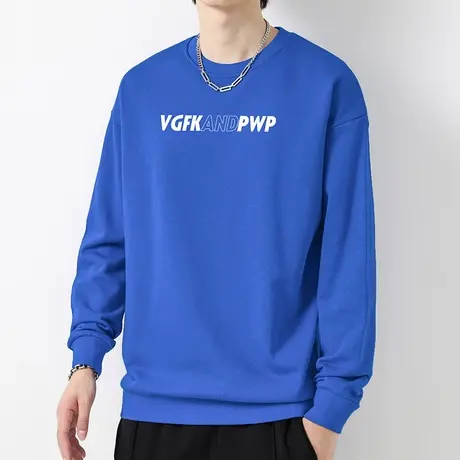 克莱因蓝重磅纯棉卫衣男潮流宽松秋季摇粒绒圆领长袖t恤无帽上衣商品大图