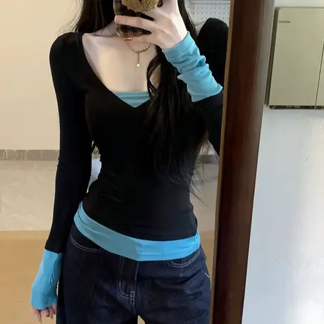 美式辣妹假两件长袖T恤女春秋韩版修身显瘦正肩V领露锁骨短款上衣商品大图