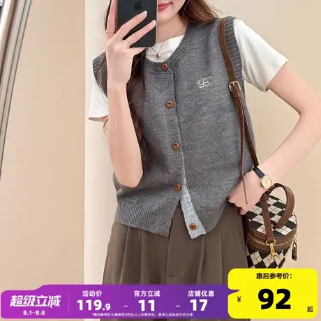 唐狮2025年秋冬新款圆领针织衫女毛衣背心灰色复古刺绣开衫马甲yd商品大图