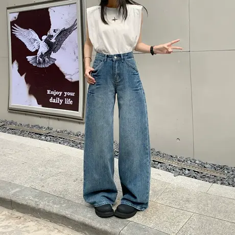 美式高街竹节纹直筒牛仔裤女春秋新款宽松休闲拖地cleanfit阔腿裤图片
