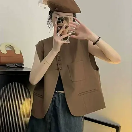 欧货复古单排扣圆领西装马甲2025春夏秋流行设计感女西服马夹外套商品大图
