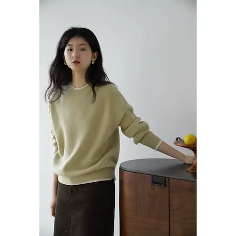 嘉茱莉2023秋季新款1OO绵羊毛毛衣外套女撞色圆领套头针织上衣图片