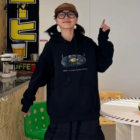 美式创意外星音乐宇宙连帽卫衣女秋季新款姜黄色显瘦百搭上衣潮图片