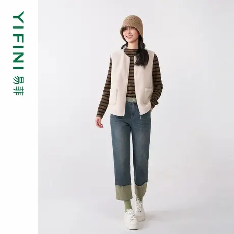 [专柜同款]Yifini/易菲百搭颗粒感圆领无袖宽松短款马夹女外套商品大图