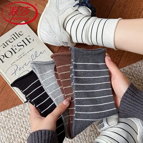 浪莎条纹袜子女秋冬新疆棉中筒袜无骨抗起球卷边堆堆袜拼色学院风商品大图