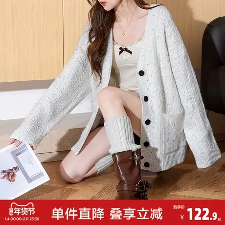 唐狮2026秋冬季毛衣外套女纱线绞花V领针织开衫高级感气质针织衫商品大图