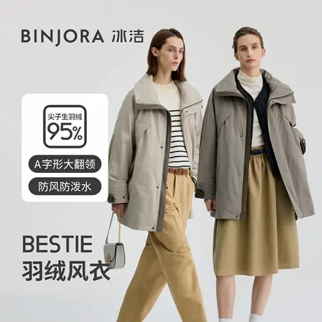 【热销】BINJORA冰洁95绒中长款羽绒服风衣A字型大翻领轻羽绒外套图片