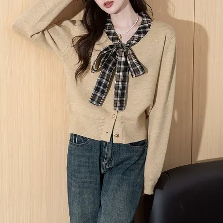 唐狮秋冬拼接格子蝴蝶结设计针织开衫女春秋外套高级感毛衣女tu图片