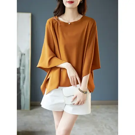 宝诗黎圆领蝙蝠袖宽松纯色雪纺衫2023夏季新款设计感不规则上衣女商品大图