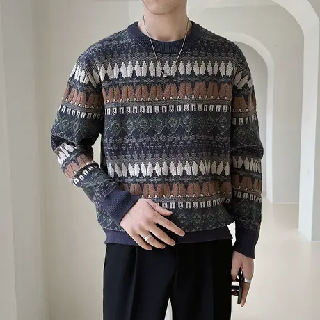 民族风毛衣男秋冬圆领修身复古慵懒风小众内搭花色线衣个性针织衫图片