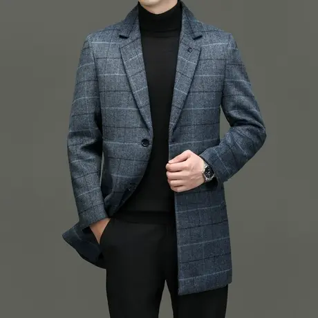 秋冬季时尚休闲英伦格子羊毛呢子大衣中长款西装领毛呢大衣外套商品大图