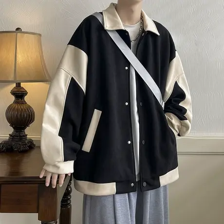 宽松美式复古开衫夹克男秋冬季新款ins潮流撞色拼接休闲翻领外套商品大图