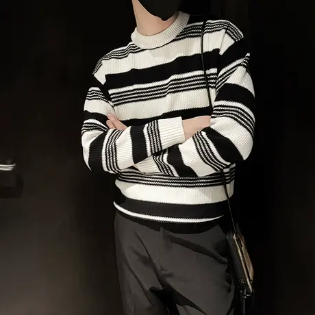 条纹毛衣男秋冬季轻熟撞色休闲轻熟风打底线衣潮牌套头针织打底衫商品大图