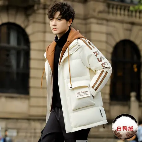 假两件羽绒服男中长款连帽潮牌加厚轻薄帅气工装白鸭绒外套防寒服图片