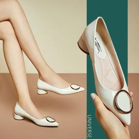 清仓春天鞋子女单鞋白色皮鞋浅口尖头中跟漆皮软底单鞋女粗跟休闲商品大图
