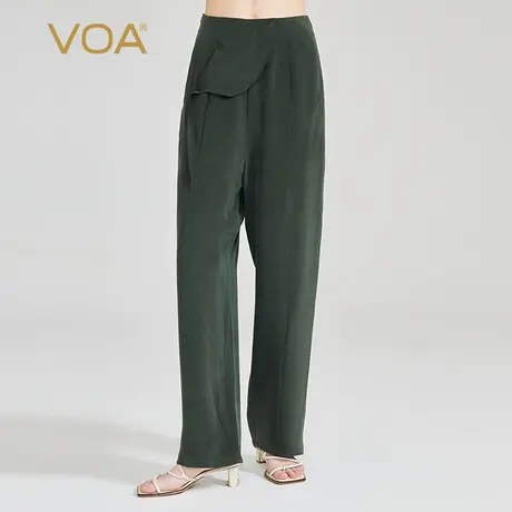 VOA流光绿36姆米重磅砂洗桑蚕丝自然腰显高不对称活页真丝直筒裤图片