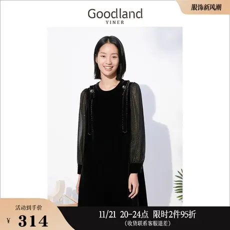 Goodland美地女装秋季复古风设计感小众气质金丝绒连衣裙图片