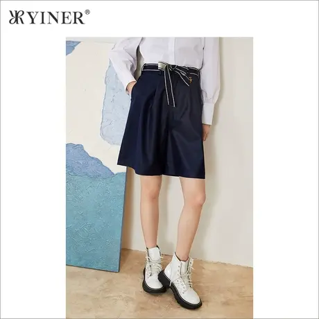 *YINER音儿女装秋季撞色腰带阔腿休闲短裤商品大图