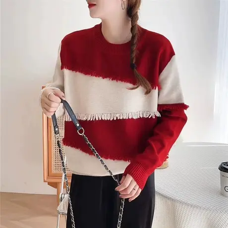 圆领拼色流苏毛衣女2023年秋冬新款减龄时尚韩版修身套头针织女装图片