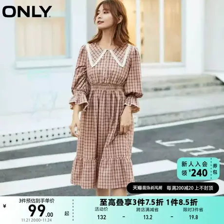 ONLY奥莱夏季娃娃领荷叶边格子通勤中长款连衣裙女图片