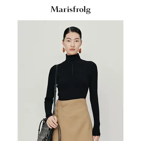 【百搭系列】玛丝菲尔针织衫春季新款黑色修身立领内搭毛衣图片