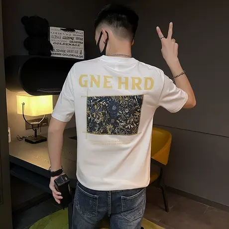 夏季t恤男装短袖半袖潮流圆领时尚休闲快手潮牌个性修身刺绣体恤图片