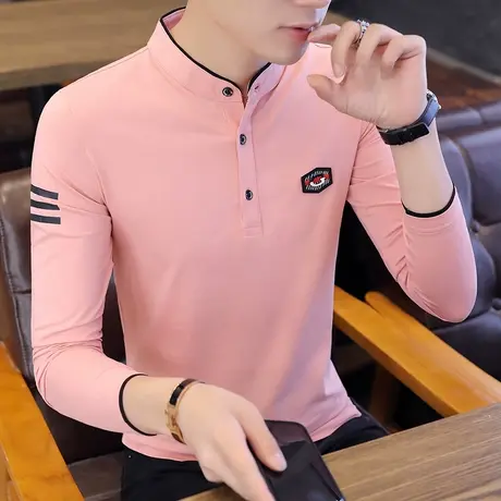秋季男士长袖t恤纯棉翻领潮牌撞色polo衫拼接宽松潮流体恤衣服丅商品大图