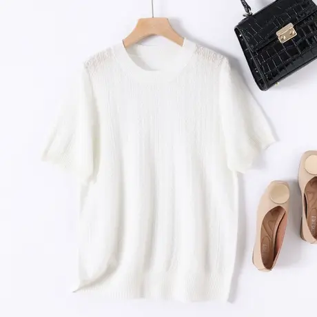 2023夏季女士针织衫上衣短袖修身常规冰丝薄款镂空显瘦圆领T恤女商品大图