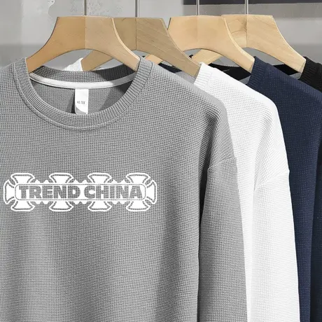 春秋款华夫格圆领卫衣男宽松长袖t恤套头无帽上衣服中国潮流百搭商品大图