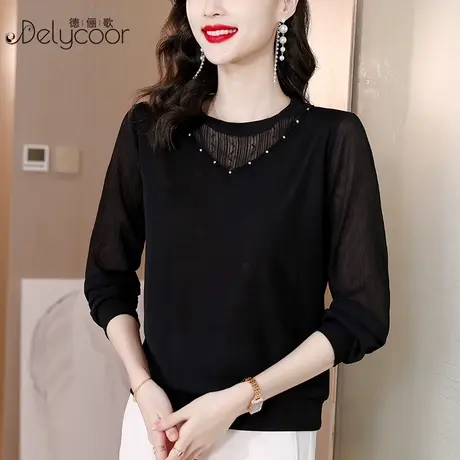 2023新款黑色蕾丝打底衫女春秋修身小衫加绒时尚洋气内搭半袖上衣商品大图