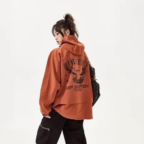 设计感潮牌假两件户外女连帽外套2024新款春秋复古宽松夹克商品大图